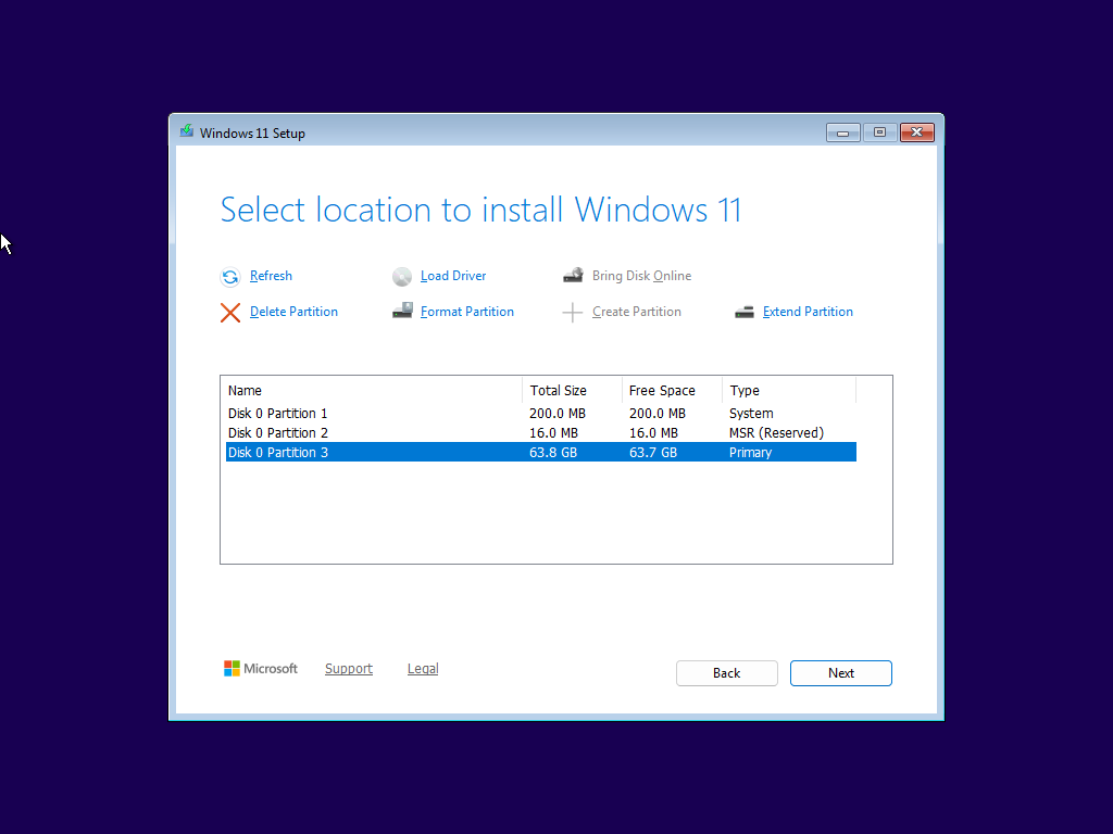 Windows 11 Setup partition list showing Disk 0: Partition 1 (200.0 MB, System), Partition 2 (16.0 MB, MSR Reserved), and Partition 3 (63.8 GB, Primary).