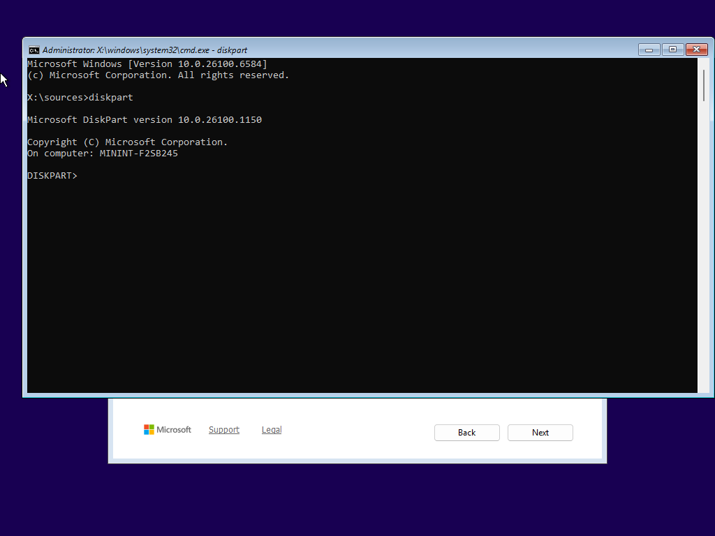 Windows Setup with Administrator Command Prompt running DiskPart; shows ‘Microsoft DiskPart, prompt at `DISKPART>`