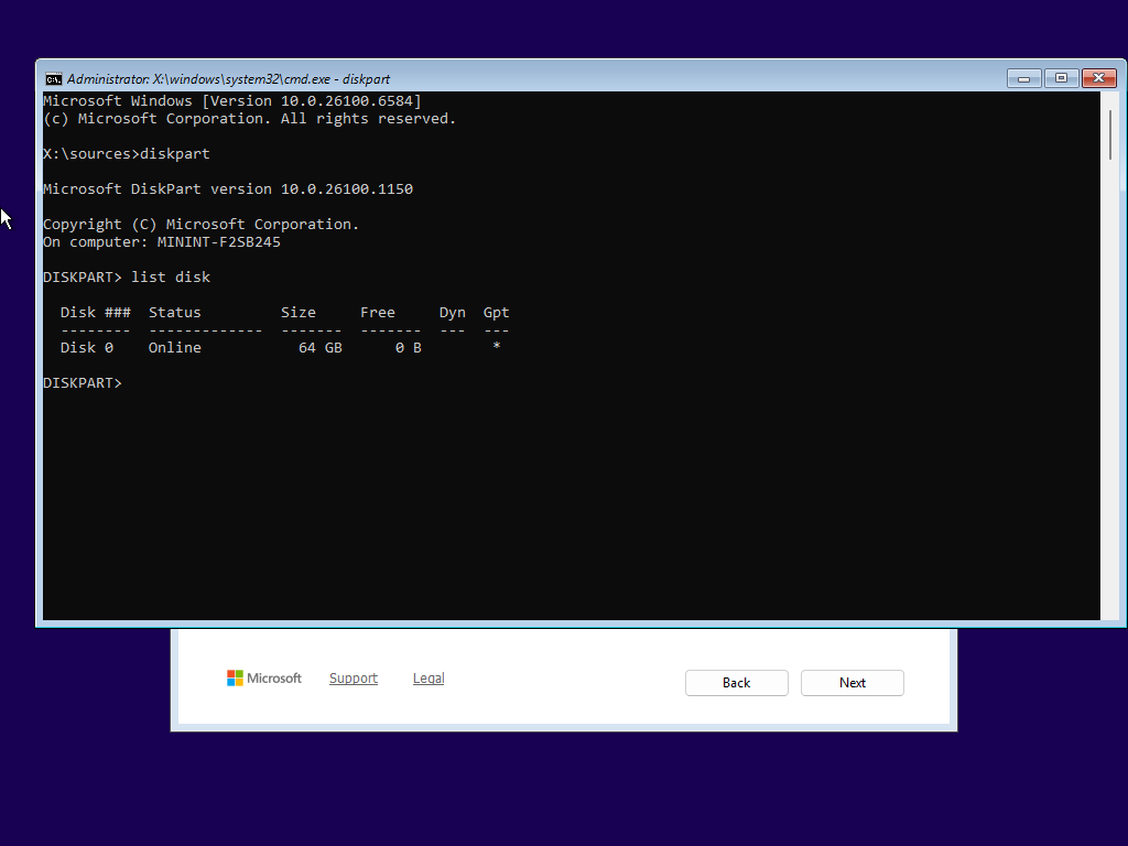 DiskPart ‘list disk’ output: Disk 0 - Status Online, Size 64 GB, Free 0 B, GPT flagged (*), not dynamic