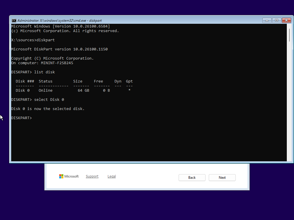 DiskPart confirmation: `Disk 0 is now the selected disk`
