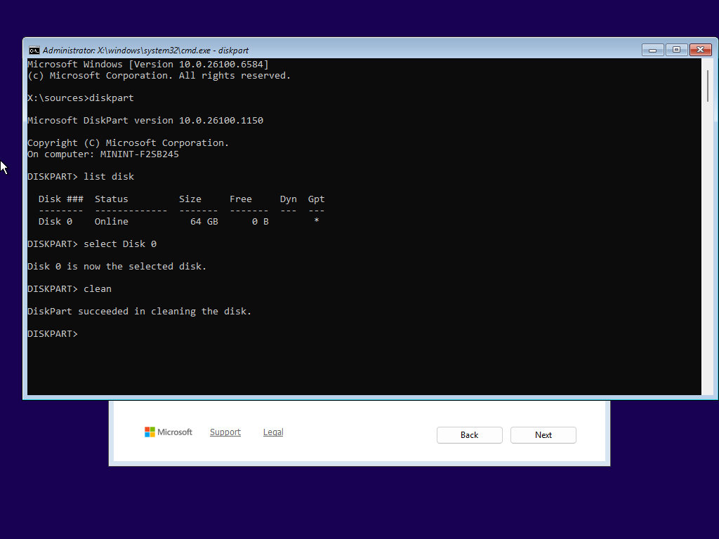 DiskPart confirmation after `clean` command: `DiskPart succeeded in cleaning the disk.`