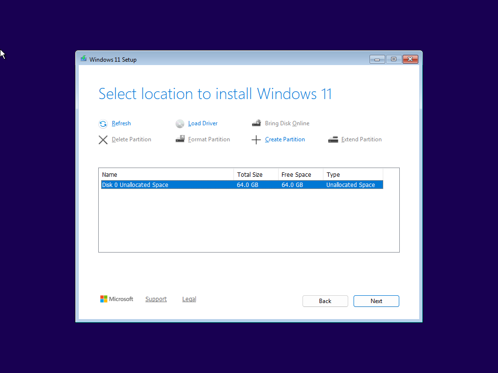 Windows 11 Setup partition screen showing Disk 0 Unallocated Space: 64.0 GB total, 64.0 GB free; options include Create Partition, Format, Delete, and Next